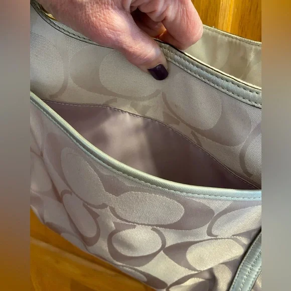 Gold Coach signature jacquard handbag purse with leather trim and double straps. - Picture 7 of 9